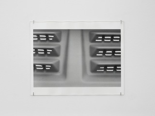 Dixi ventilation screen, Berlin, d, 2023,
silver gelatin print, glass, pins,
30.35 x 40.7 cm